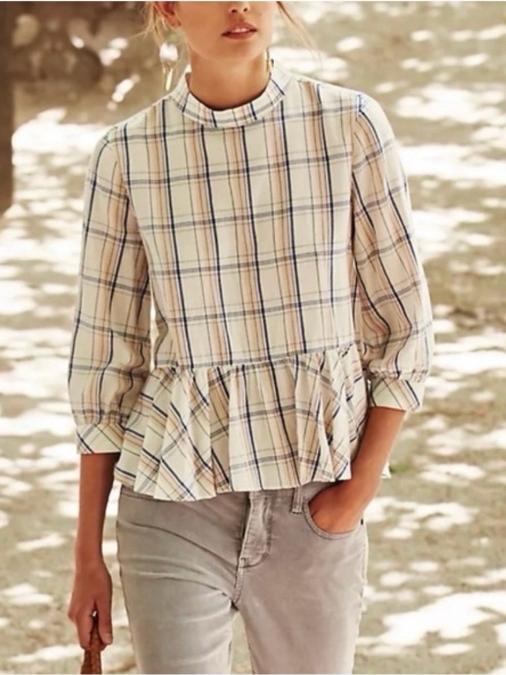 Anthropologie Maeve Sava Swing Top Plaid Peplum Mock Neck Size 4